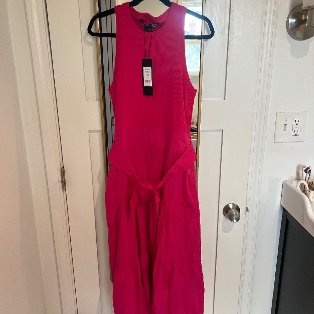 Veronica Beard Jean Austyn Cotton Poplin Ribbed Belted Tiered Midi Dress Fuchsia